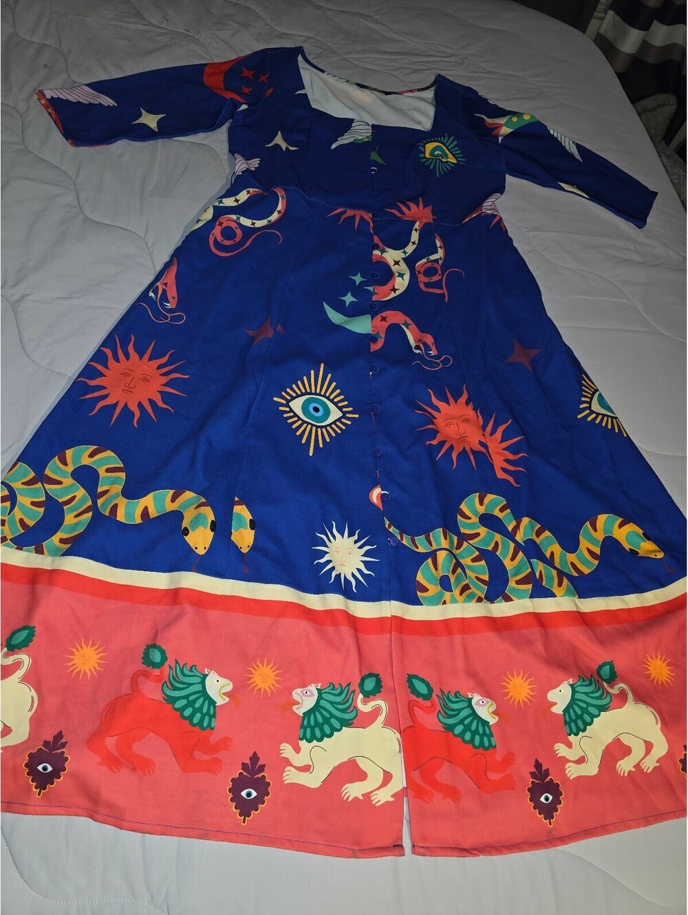 eShakti Women's L Blue Ms. Frizzle Print Dress